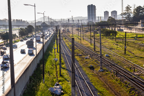 Sao Paulo, Brazil, June 17, 2016. vehicles traffic and train CPTM, in the Marginal Pinheiros and the United Nations Avenue, at the height of the Jaguare district, west side of Sao Paulo photo