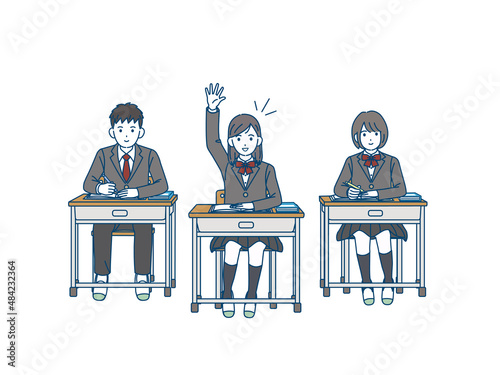 手を挙げる生徒　勉強する学生　授業　中高生　高校生　中学生　男女