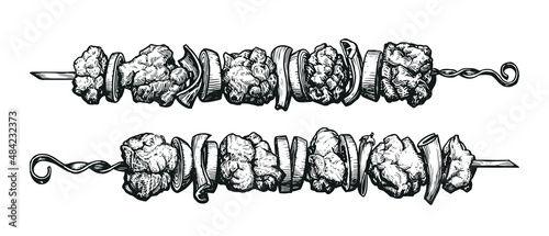 Kebab, shashlik grilled on skewer sketch. Food meat hand drawn vector illustration photo