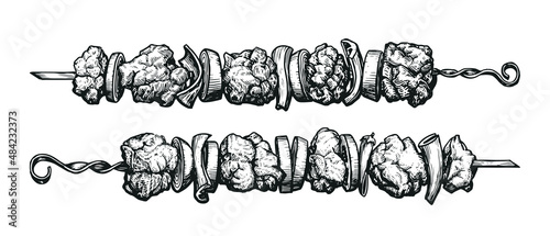 Kebab, shashlik grilled on skewer sketch. Food meat hand drawn vector illustration