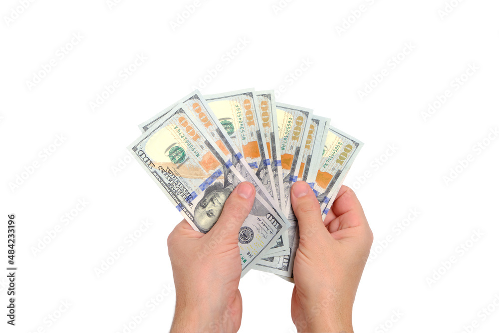 Stack hundred dollar bills hands, on white background. Stack hundred dollar bills hands, on white background.