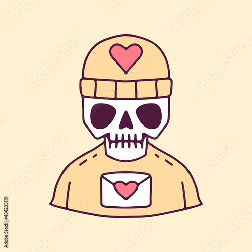 Hype skull in beanie hat with love letter, illustration for t-shirt, poster, sticker, or apparel merchandise. With cartoon style.
