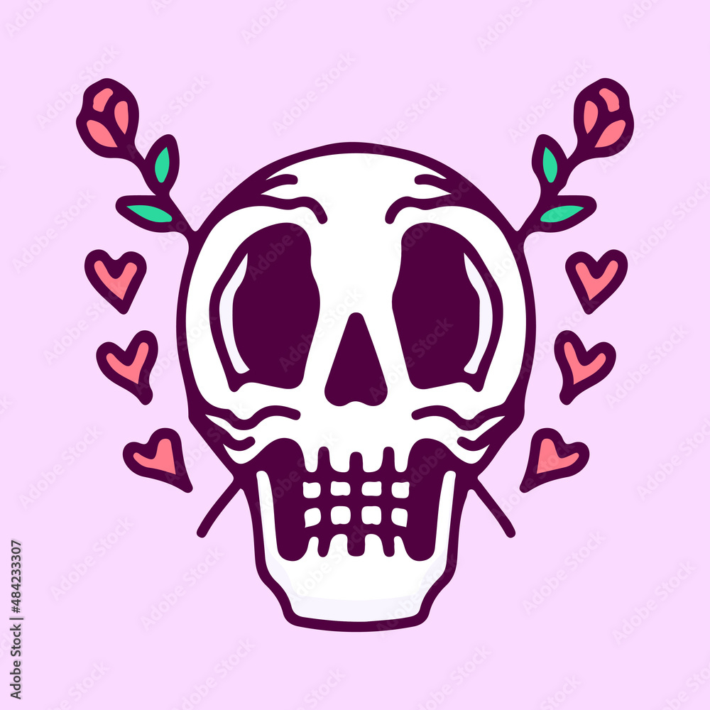 Skull head with crossed flowers, illustration for t-shirt, poster, sticker, or apparel merchandise. With cartoon style.