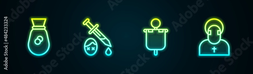 Set line Old money bag, Sword with blood, Medieval flag and Monk. Glowing neon icon. Vector