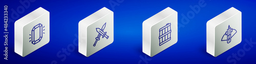 Set Isometric line Diamond, Crossed medieval sword, Wooden barrel and Battle crossbow with arrow icon. Vector
