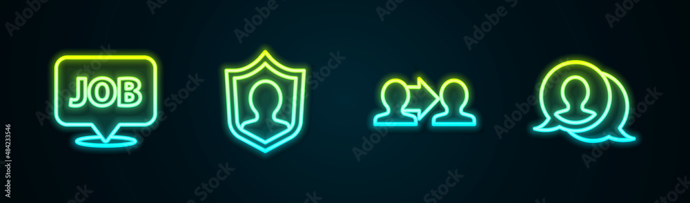 Set line Speech bubble with job, User protection, Project team base and chat. Glowing neon icon. Vector Set line Speech bubble with job, User protection, Project team base and chat. Glowing neon icon. Vector