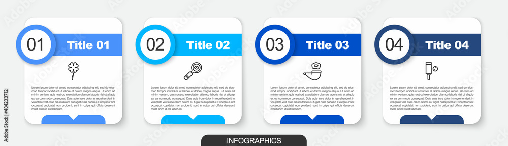 Fototapeta premium Set line Four leaf clover, Magnifying glass, Smoking pipe and Wood cricket bat and ball. Business infographic template. Vector