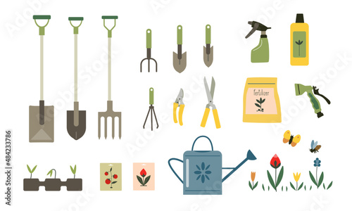 Fotografia Set of gardening tools vector illustration
