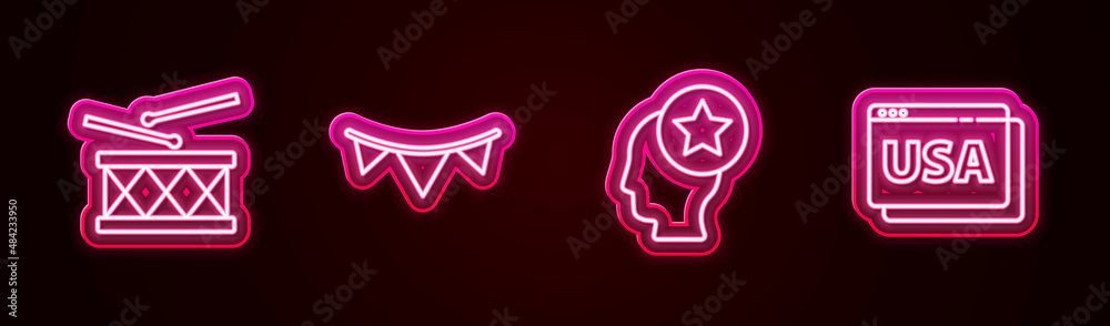 Set line Drum and drum sticks, Carnival garland with flags, USA Head and on browser. Glowing neon icon. Vector