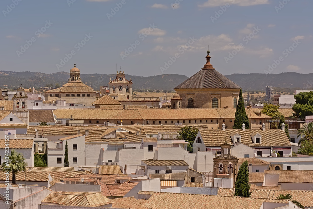 High angle view on the tradititonal houses of Cordoba, Andalusia, Spain, with mountains in the background 