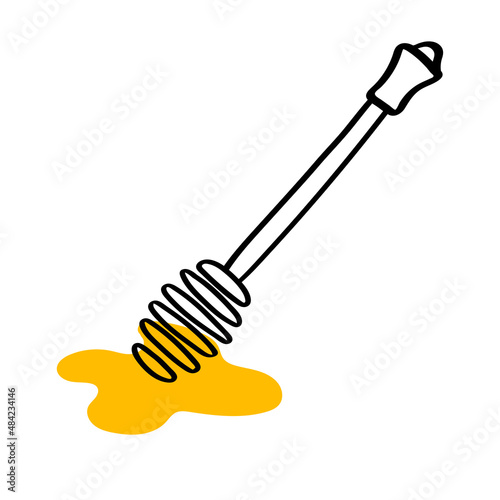 Wooden honey dipper, doodle style vector illustration isolated on white background. 