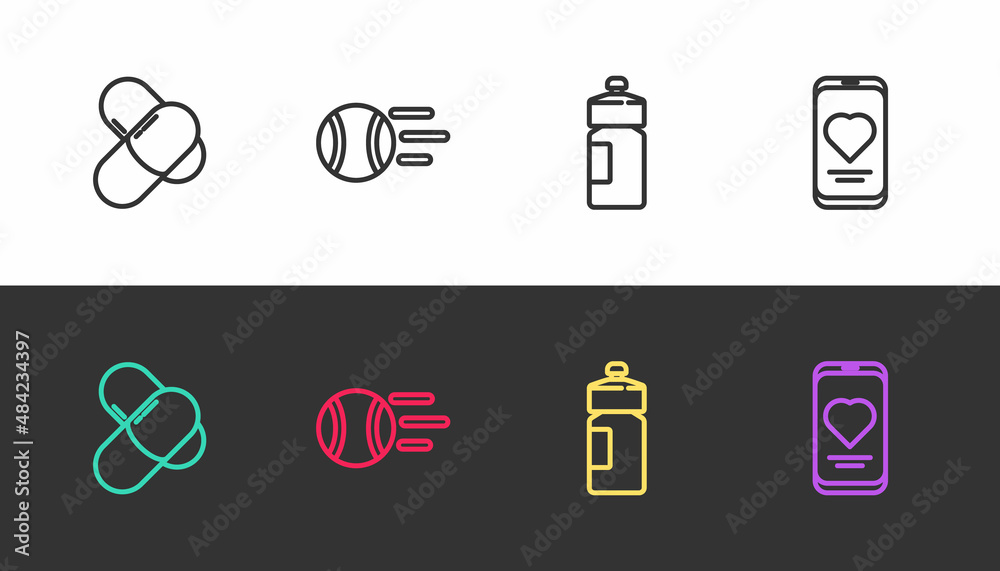 Fototapeta premium Set line Sports nutrition, Tennis ball, Fitness shaker and Mobile with heart rate on black and white. Vector