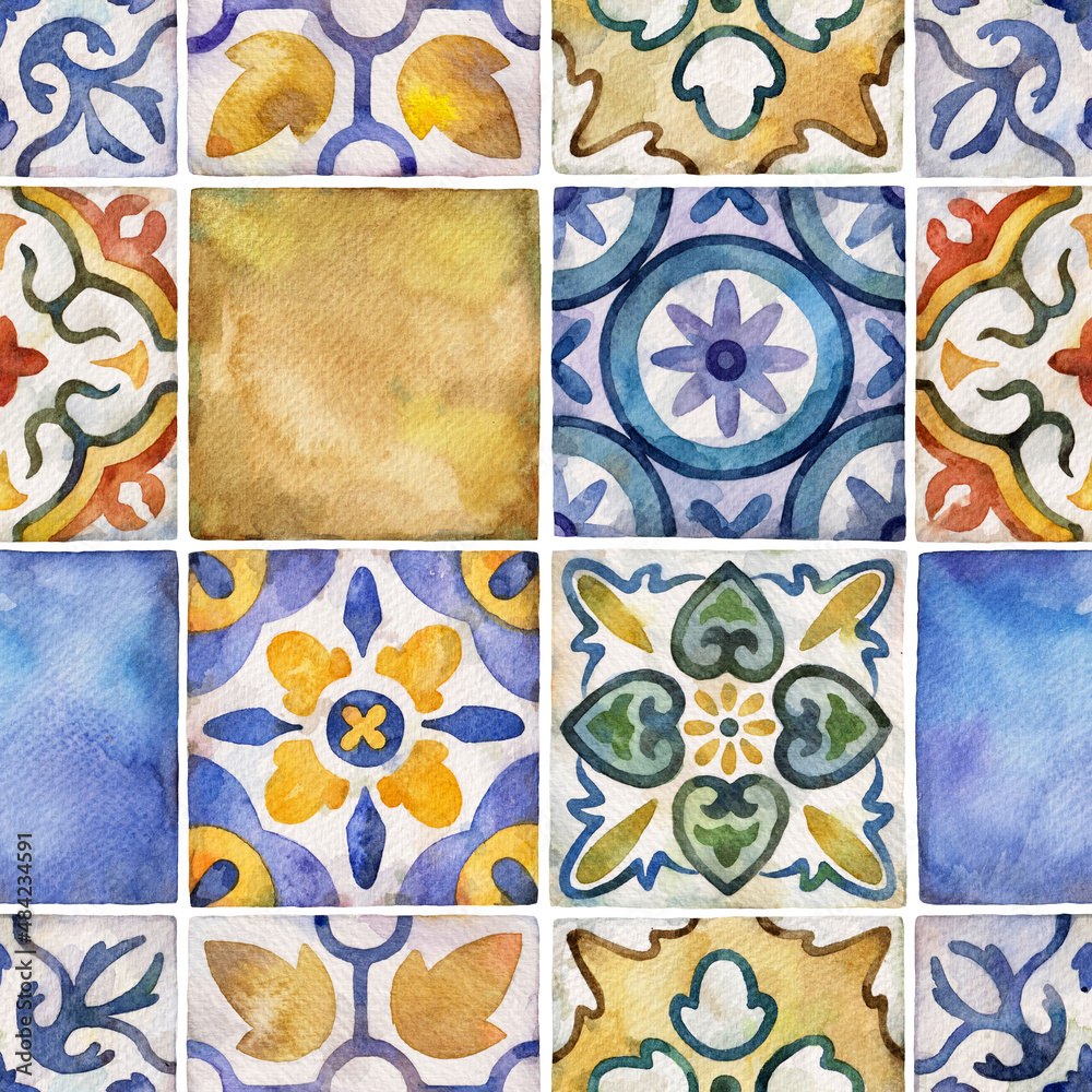Watercolor seamless pattern with ceramic tiles . Square vintage hand-drawn ornament.