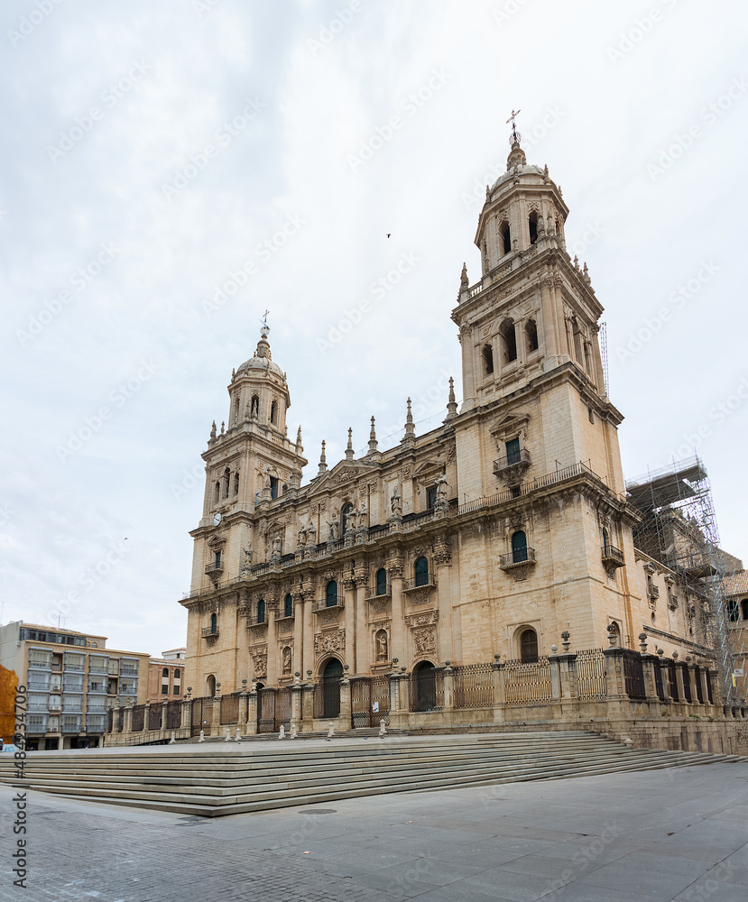 View at the Jaén Cathedral front facade, grand baroque-Renaissance cathedral housing the noted Santo Rostro relic and religious art museum on Plaza Santa Maria, Jaén downtown, Spain