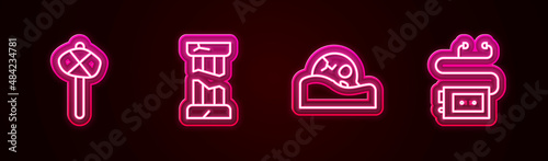 Set line Stone age hammer, Broken ancient column, Human skull and Museum audio guide. Glowing neon icon. Vector