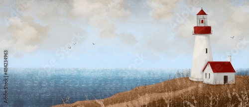 lighthouse on seashore, Nordic marine landscape, art picture, sea poster and banner