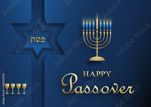 Happy Passover card, the Pessah holiday with nice and creative Jewish symbols and gold paper cut style on color background