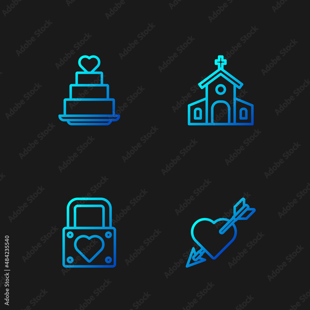 Set line Amour with heart and arrow, Lock, Wedding cake and Church building. Gradient color icons. Vector Set line Amour with heart and arrow, Lock, Wedding cake and Church building. Gradient color icons. Vector
