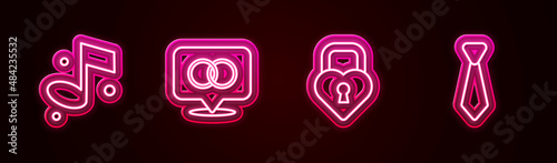 Set line Music note, Wedding rings, Castle the shape of heart and Tie. Glowing neon icon. Vector