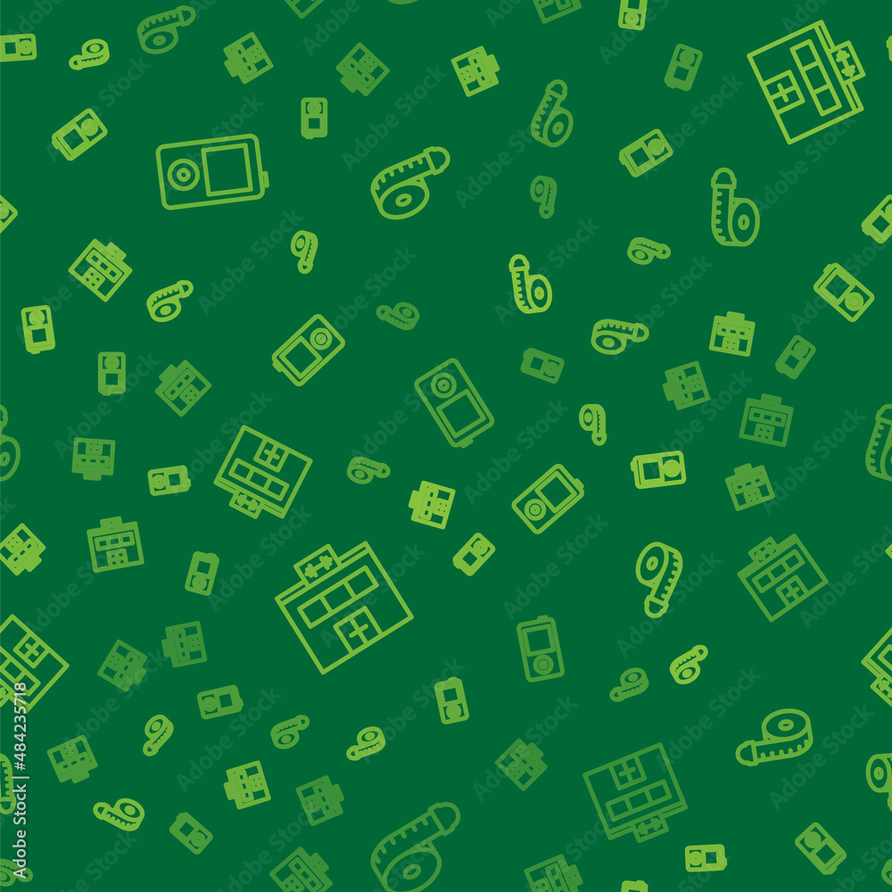 Set line Music player, Gym building and Tape measure on seamless pattern. Vector Set line Music player, Gym building and Tape measure on seamless pattern. Vector