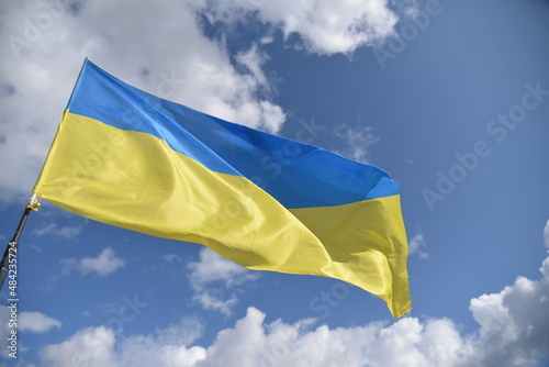  Ukrainian flag waves during a joint military exercise Rapid Trident 