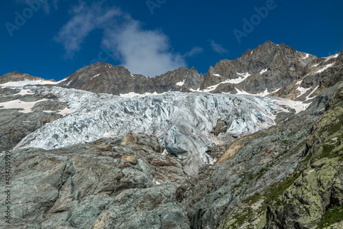 Glacier Blanc en été , massif des Ecrins , Oisans , Hautes-Alpes , France