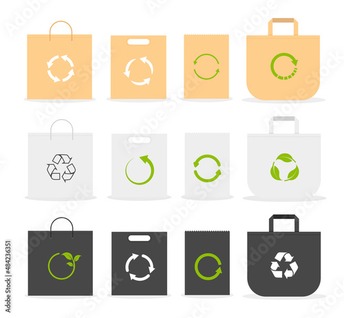 Eco fabric bag mockup with typography design. Print for craft eco bag. Textile reusable pack. Care about the environment. Zero waste. Vector illustration isolated on white background.