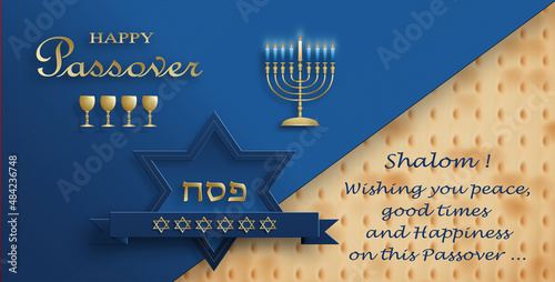 Happy Passover card, the Pessah holiday with nice and creative Jewish symbols and gold paper cut style on color background