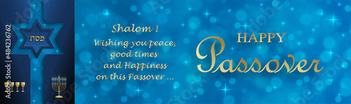 Happy Passover card, the Pessah holiday with nice and creative Jewish symbols and gold paper cut style on color background
