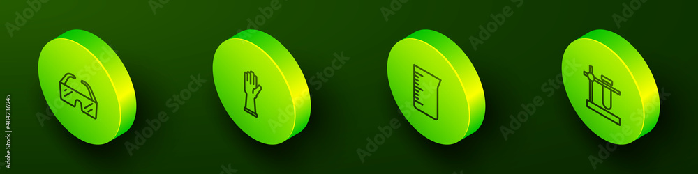Set Isometric line Safety goggle glasses, Medical rubber gloves, Laboratory glassware or beaker and Test tube flask on stand icon. Vector Set Isometric line Safety goggle glasses, Medical rubber gloves, Laboratory glassware or beaker and Test tube flask on stand icon. Vector
