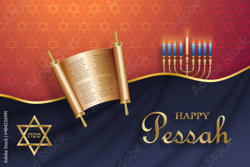 Happy Passover card, the Pessah holiday with nice and creative Jewish symbols and gold paper cut style on color background