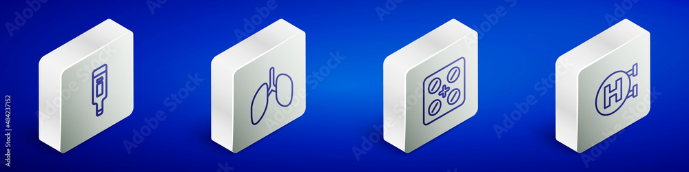 Set Isometric line Digital thermometer, Lungs, Pills in blister pack and Hospital signboard icon. Vector Set Isometric line Digital thermometer, Lungs, Pills in blister pack and Hospital signboard icon. Vector