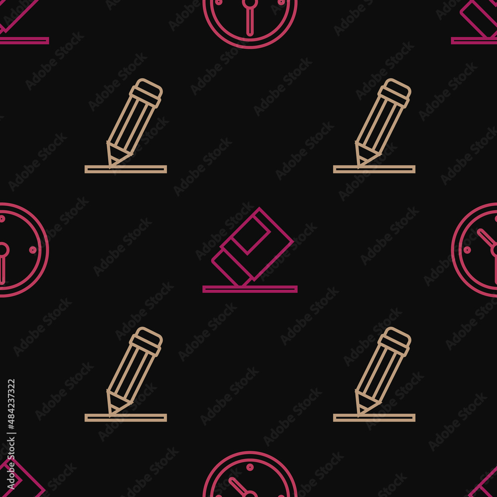 Set line Clock, Pencil with eraser and Eraser or rubber on seamless pattern. Vector Set line Clock, Pencil with eraser and Eraser or rubber on seamless pattern. Vector