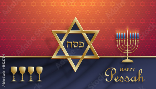 Happy Passover card, the Pessah holiday with nice and creative Jewish symbols and gold paper cut style on color background
