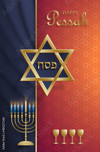 Happy Passover card, the Pessah holiday with nice and creative Jewish symbols and gold paper cut style on color background