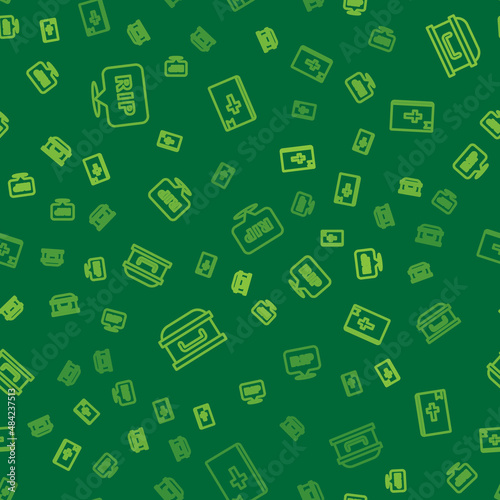 Set line Speech bubble rip death, Coffin with cross and Holy bible book on seamless pattern. Vector