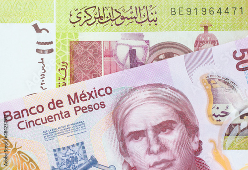 Wallpaper Mural A macro image of a pink, plastic fifty peso bank note from Mexico paired up with a green two pound bank note from Sudan.  Shot close up in macro. Torontodigital.ca