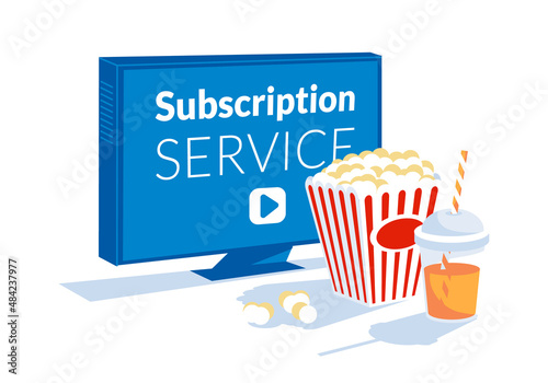 metaphor for media content subscription service. A large paper glass of popcorn and a glass of drink on the background of a large TV screen. Flat vector illustration.