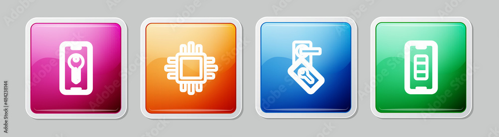 Set line Smart key, Processor with CPU, Digital door lock and Smartphone battery charge. Colorful square button. Vector Set line Smart key, Processor with CPU, Digital door lock and Smartphone battery charge. Colorful square button. Vector