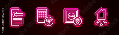 Set line Digital door lock, Air humidifier, Smart electrical outlet and home. Glowing neon icon. Vector