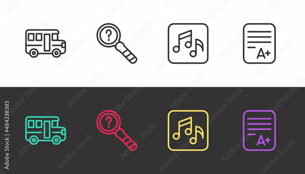Set line School Bus, Unknown search, Music note, tone and Exam sheet with A plus grade on black and white. Vector Set line School Bus, Unknown search, Music note, tone and Exam sheet with A plus grade on black and white. Vector