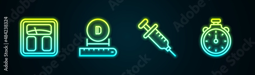 Set line Bathroom scales, Diameter, Syringe and Stopwatch. Glowing neon icon. Vector