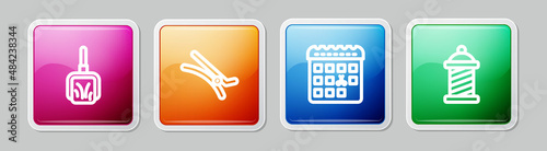 Set line Dustpan, Hair clip, Calendar with haircut day and Barber shop pole. Colorful square button. Vector