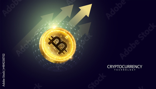 Abstract Bitcoin Coins on Digital Cryptocurrency with signs of future growth On a modern background, fuferistic digital