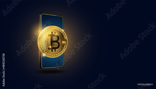 Bitcoin image in the background Decentralized Finance concept online, transactions on the phone