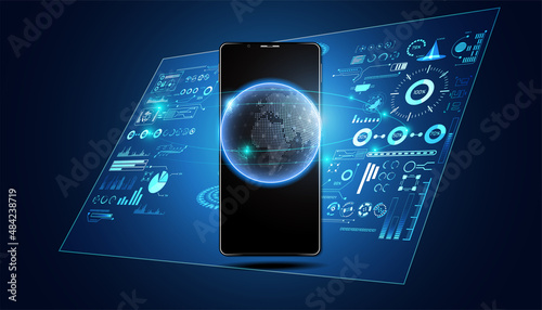 abstract technology ui futuristic phone world interface hologram elements of digital data chart, communication, computing and circle percent vitality innovation on hi tech future design background