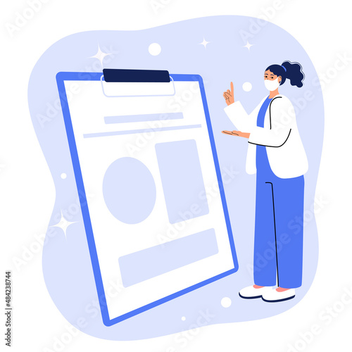 Doctor, medicine, healthcare concept. Young smiling general practitioner in white uniform cartoon character stands and points an idea with his finger. Medicare, therapist, pharmacist illustration