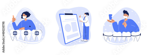 Set of concept vector illustrations of orthodontic care procedure. Dental braces and dental plate, baby braces, teeth replacement, cosmetic dentistry abstract metaphor.