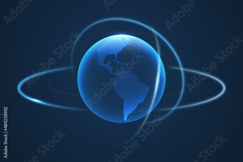 Realistic transparent world map. Futuristic blue concept of planet Earth. Hi-tech hologram of planet Earth with blue splashes