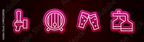 Set line Beer tap, Wooden barrel, Glass of beer and brewing process. Glowing neon icon. Vector